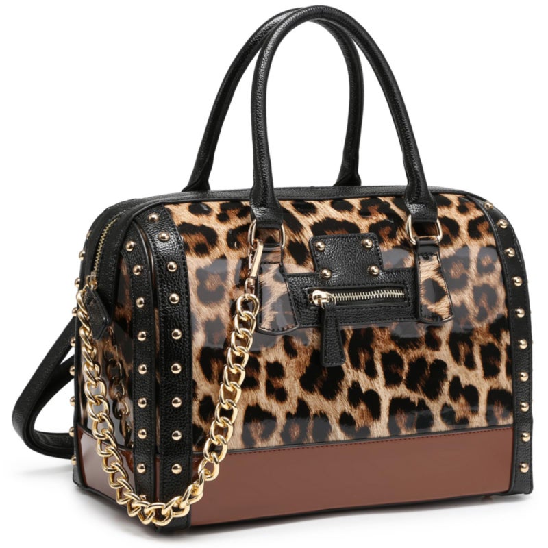 Dasein Women's Barrel Bag Shiny Patent Faux Leather Handbag with Rivet Decoration Top Handle Satchel Shoulder Purse (Large Leopard) - Image 1